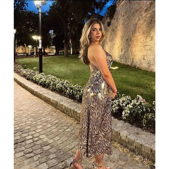 Zara Tiger Print Metallic Gold Midi Dress with Open Back Halter Top Size Small - Picture 10 of 11